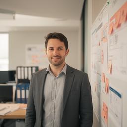 Alex standing beside a planning board in a calm project office
